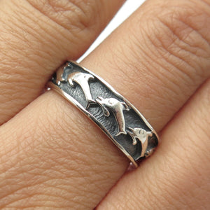 925 Sterling Silver Vintage Friendly Dolphin Band Ring Size 8