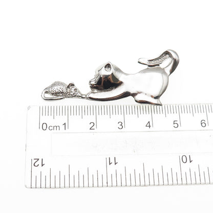 925 Sterling Silver Vintage Playing Cat & Mouse Pin Brooch