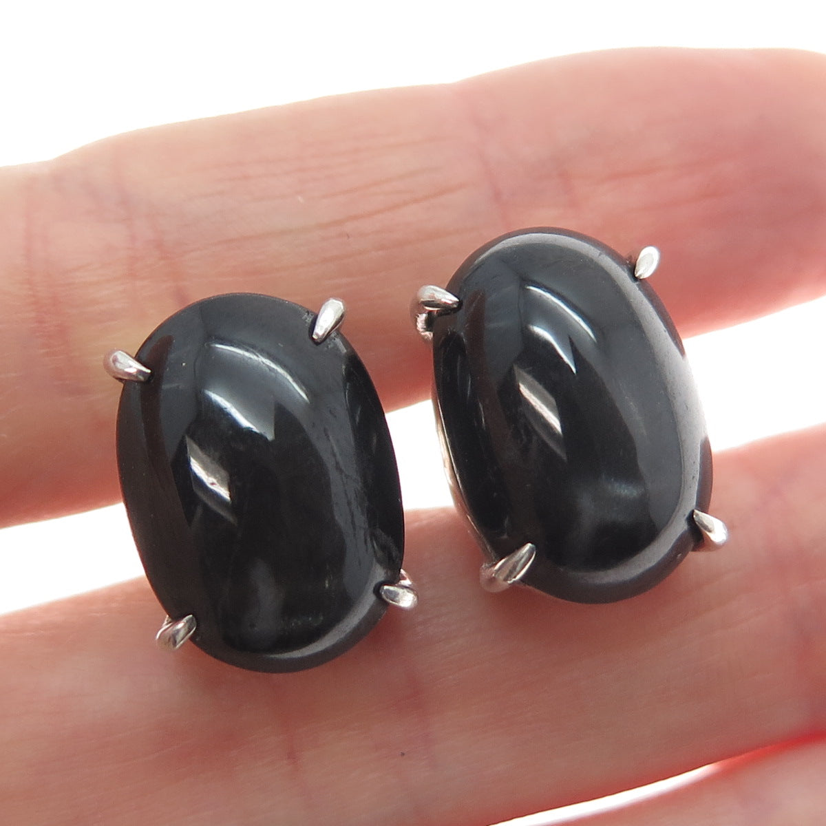 925 Sterling Silver Vintage Real Cabochon Black Obsidian Cufflinks