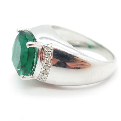 925 Sterling Silver Real Round-Cut Diamond & Synthetic Emerald Ring Size 6