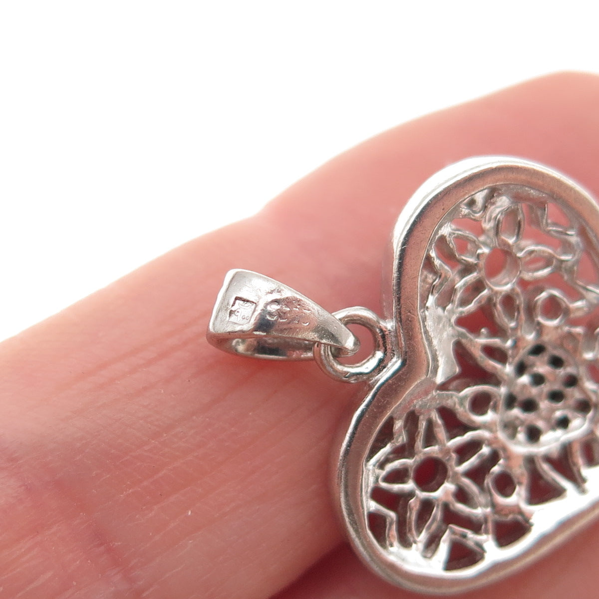 925 Sterling Silver Round-Cut C Z Floral Heart Charm Pendant