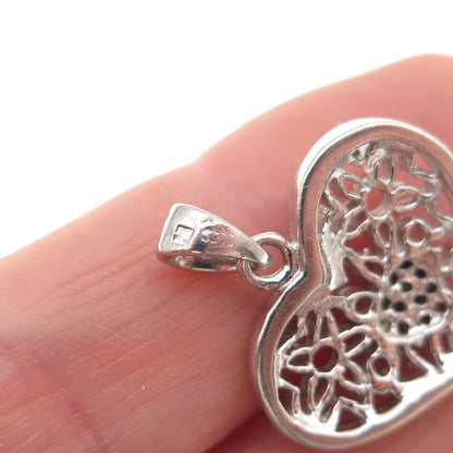 925 Sterling Silver Round-Cut C Z Floral Heart Charm Pendant