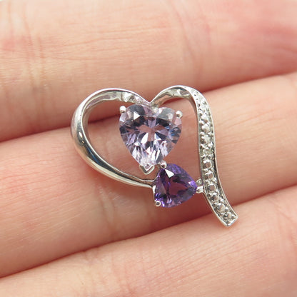 925 Sterling Silver Real White Diamond Accent & Amethyst Gem Heart Slide Pendant