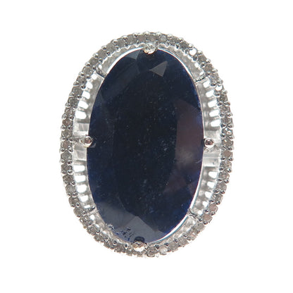 925 Sterling Silver Real Round-Cut Diamond & Oval-Cut Sapphire Ring Size 6.75
