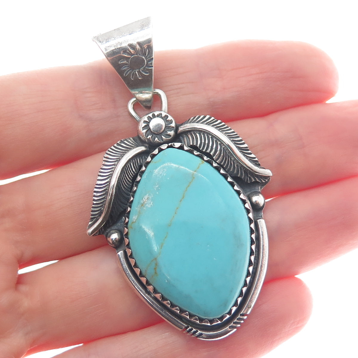 925 Sterling Silver Vintage Real Tyrone Turquoise Leaf Floral Oxidized Pendant