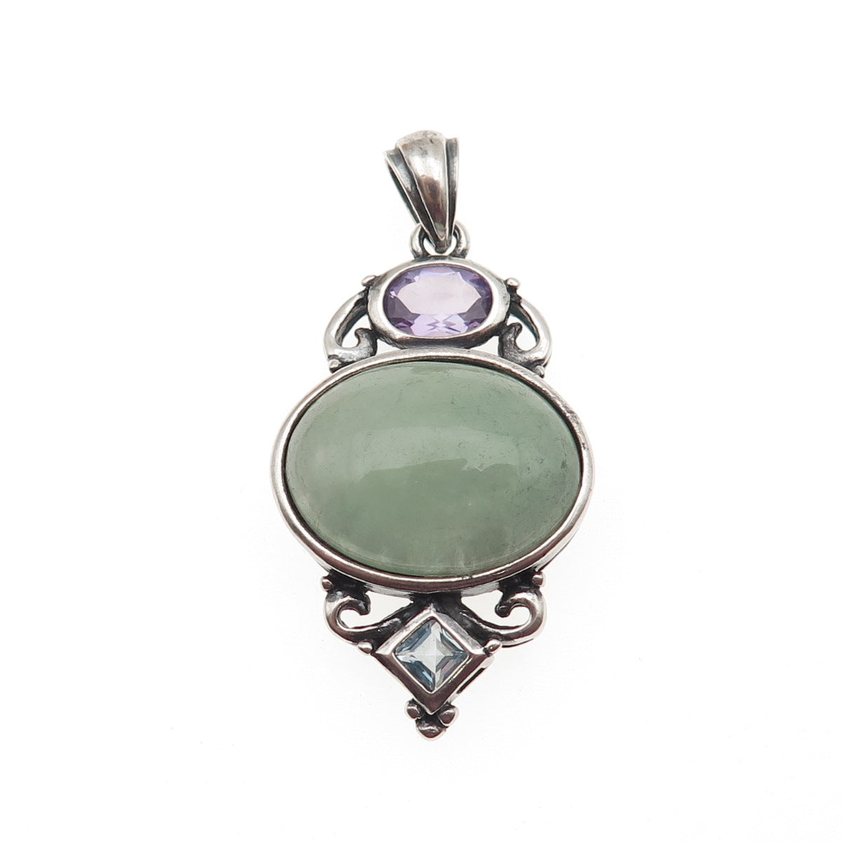 925 Sterling Silver Vintage Real Aventurine Amethyst & Blue Topaz Pendant
