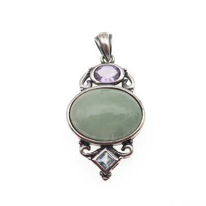 925 Sterling Silver Vintage Real Aventurine Amethyst & Blue Topaz Pendant