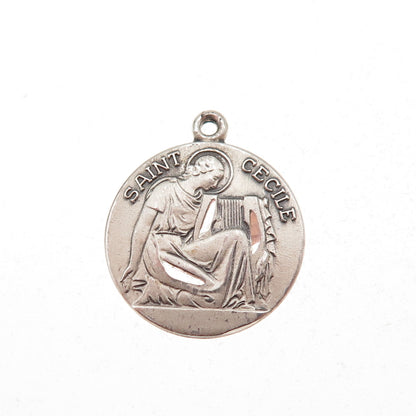 925 Sterling Silver Vintage Saint Cecilia Medal Oxidized Charm Pendant