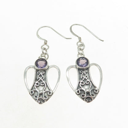 925 Sterling Silver Vintage Real Amethyst Modernist Heart Dangle Earrings