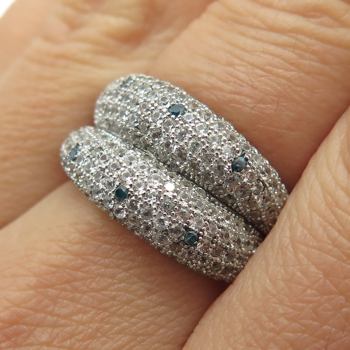 925 Sterling Silver Real Blue Diamond & White Topaz Gemstone Ring Size 7