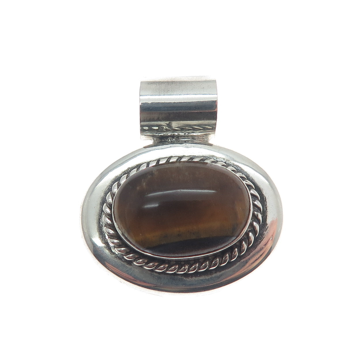 925 Sterling Silver Vintage Mexico Real Tiger Eye Gemstone Slide Pendant