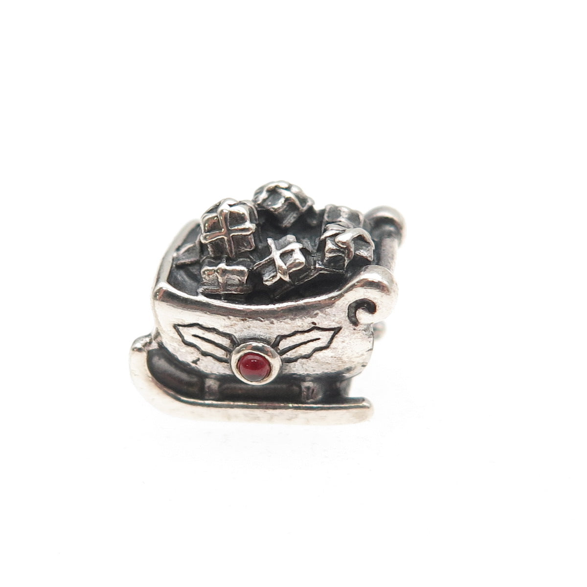 Pandora 925 Sterling Silver Real Red Garnet Santa's Sleigh Slide Bead Charm