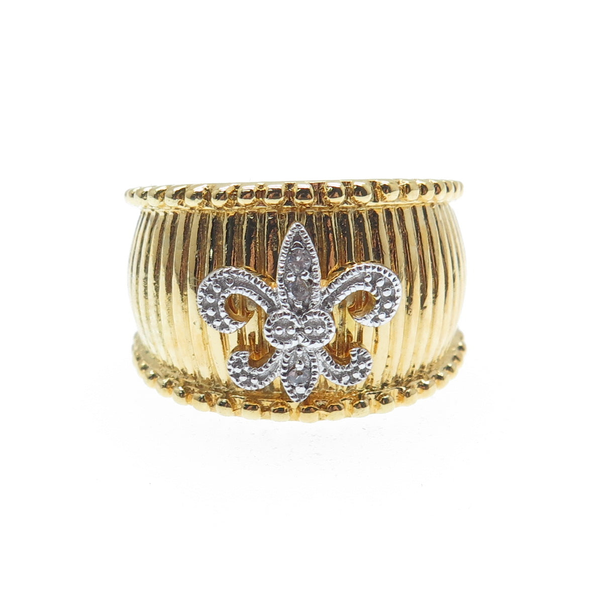 925 Sterling Silver Gold Plated Round-Cut Shaped C Z Fleur-de-Lis Ring Size 7.25