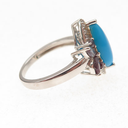 925 Sterling Silver Real Turquoise Peacock Sapphire & White Topaz Ring Size 8