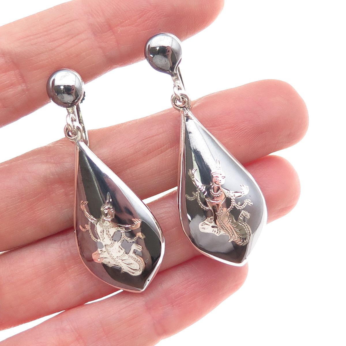 925 Sterling Antique Art Deco Siam Niello Hindu Goddess Screw Back Earrings