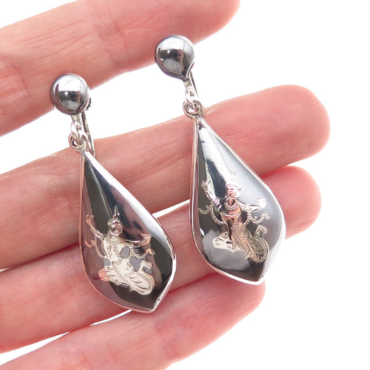 925 Sterling Antique Art Deco Siam Niello Hindu Goddess Screw Back Earrings