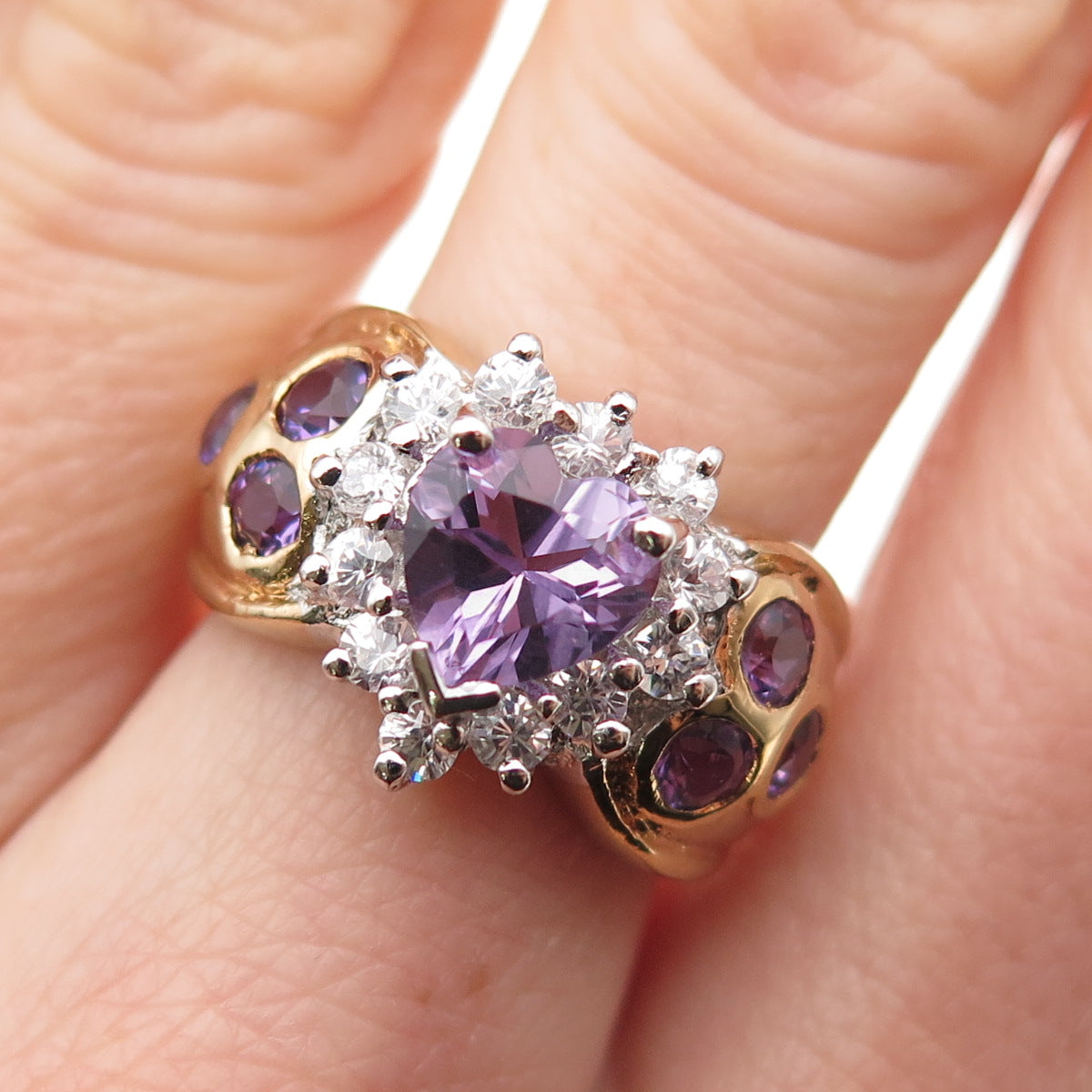 M.R.F. RESOURCES Sterling Gold Plated Vintage Amethyst C Z Heart Ring Size 6.25