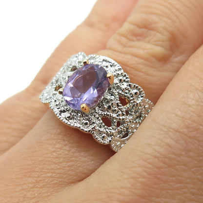 925 Sterling Silver 2-Tone Real White Diamond & Amethyst Gemstone Ring Size 7