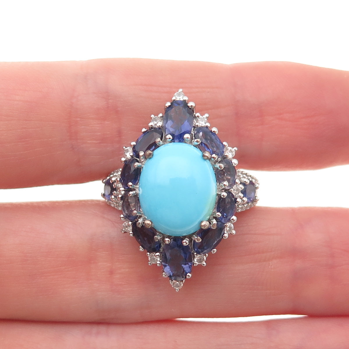 Chuck Clemency Sterling Silver Real Turquoise Iolite White Topaz Ring Size 8.25