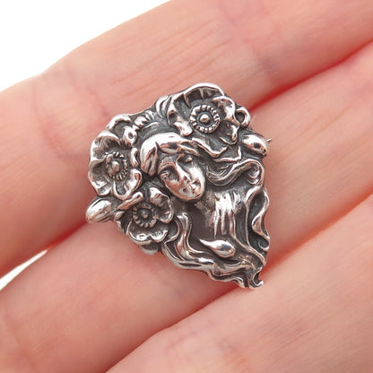 A.S. Co. 925 Sterling Silver Antique Art Deco Floral Lady Oxidized Pin Brooch