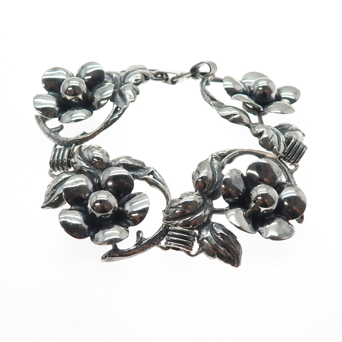 925 Sterling Silver Antique Art Deco Flower Blossom Oxidized Bracelet 7"