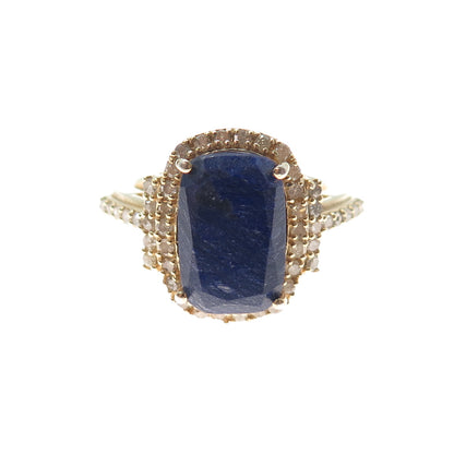 DSMK 925 Sterling Silver Gold Plated Real Diamond & Sapphire Ring Size 9.25