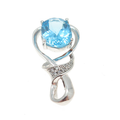 925 Sterling Silver Real Round-Cut Diamond & Blue Topaz Twisted Pendant