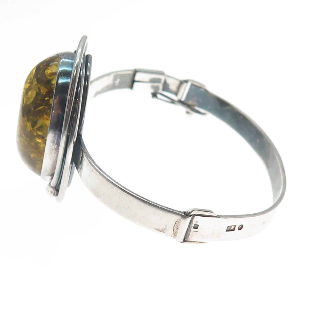 925 Sterling Silver Vintage LL Poland Real Amber Modernist Bangle Bracelet 6.5"