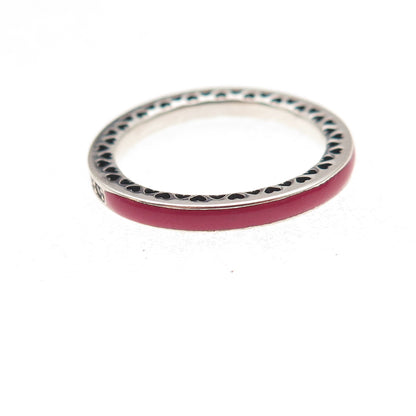 Pandora 925 Sterling Silver Enamel & Pink C Z Radiant Hearts Band Ring Size 6