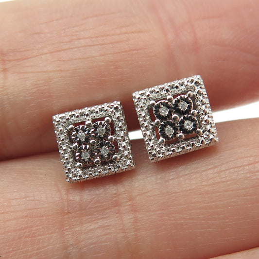 925 Sterling Silver Real Round-Cut Diamond Square Stud Earrings