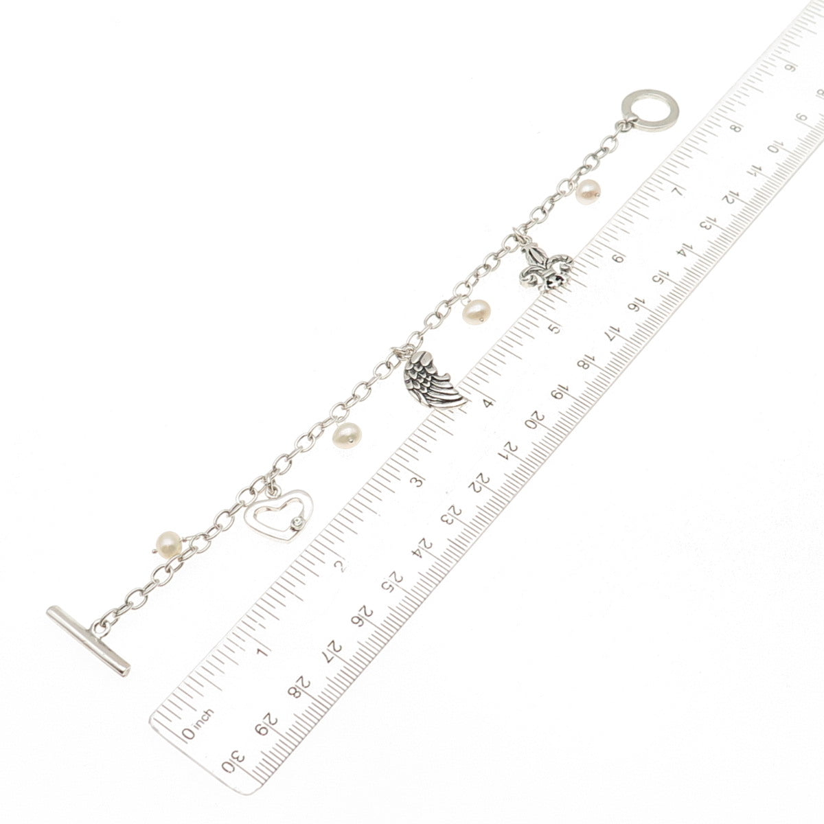 Barse 925 Sterling Silver Vintage Real Pearl & C Z Multi-Charm Bracelet 7.25"