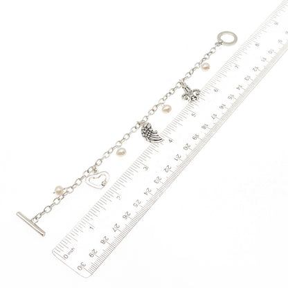 Barse 925 Sterling Silver Vintage Real Pearl & C Z Multi-Charm Bracelet 7.25"