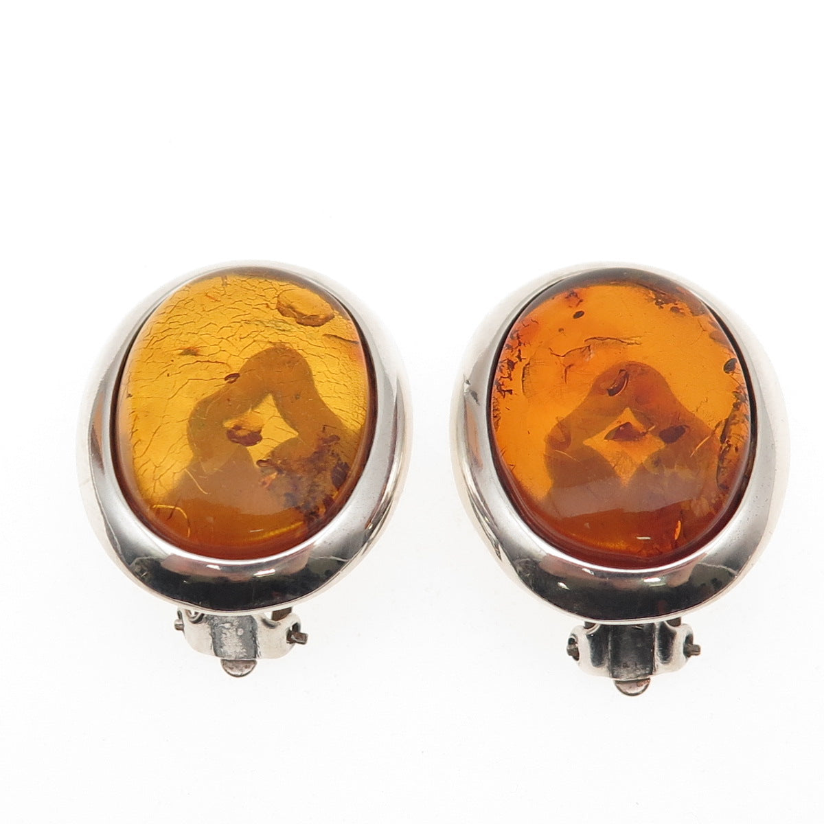 925 Sterling Silver Vintage Poland Real Amber Oval Clip On Earrings