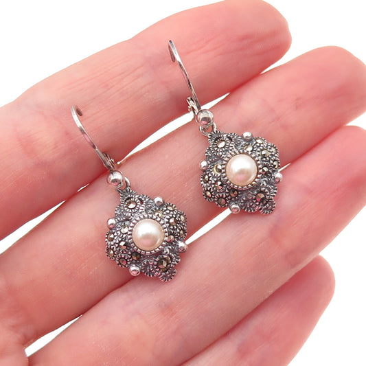 Judith Jack 925 Sterling Silver Vintage Real Pearl & Marcasite Dangle Earrings