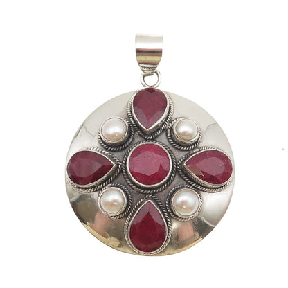 Fadi 925 Sterling Silver Vintage Real Ruby & Pearl Modernist Disc Pendant