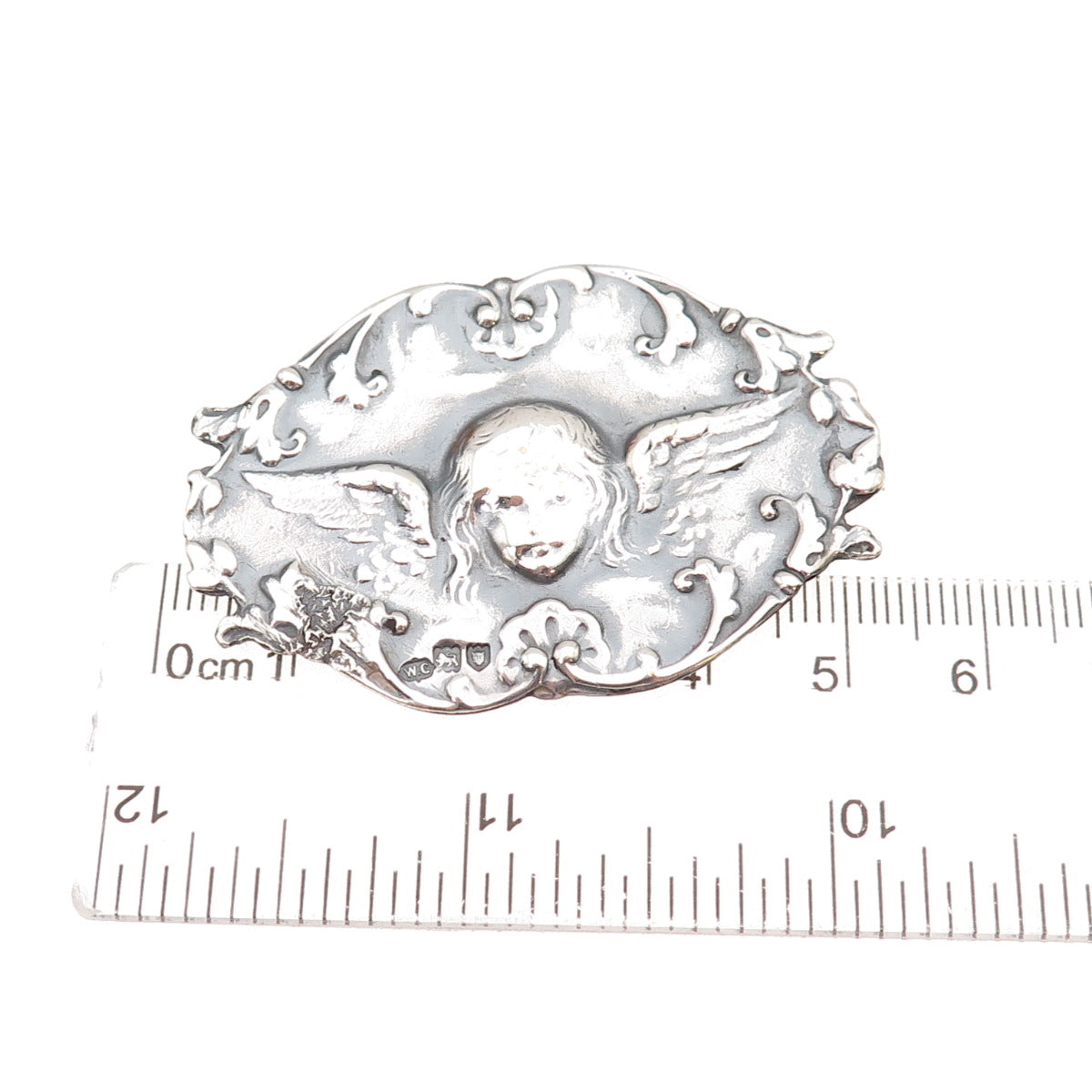 925 Sterling Silver Antique Art Deco Angel Repousse Oxidized Pin Brooch