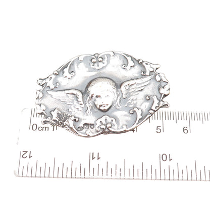 925 Sterling Silver Antique Art Deco Angel Repousse Oxidized Pin Brooch