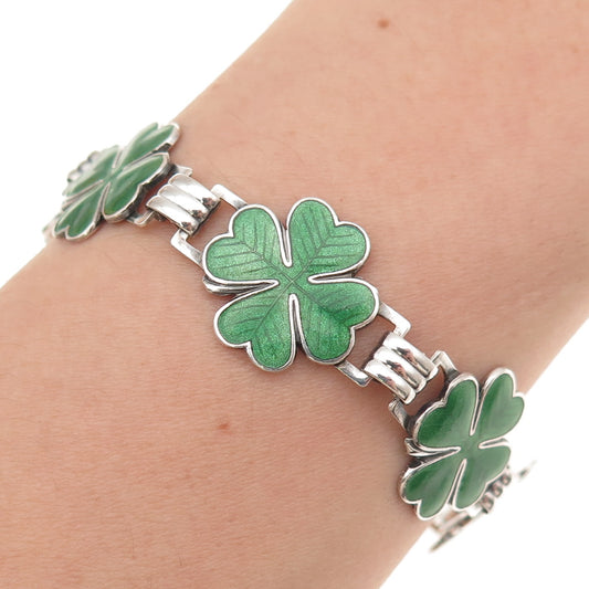 925 Sterling Silver Antique Art Deco Enamel Lucky Clover Link Bracelet 7"
