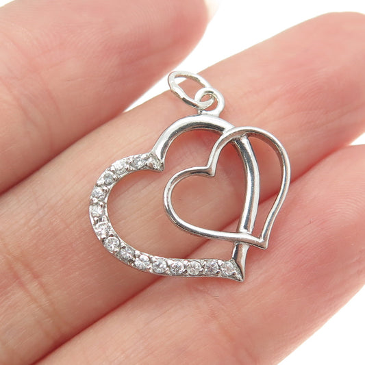 925 Sterling Silver Round-Cut C Z Double Heart Charm Pendant