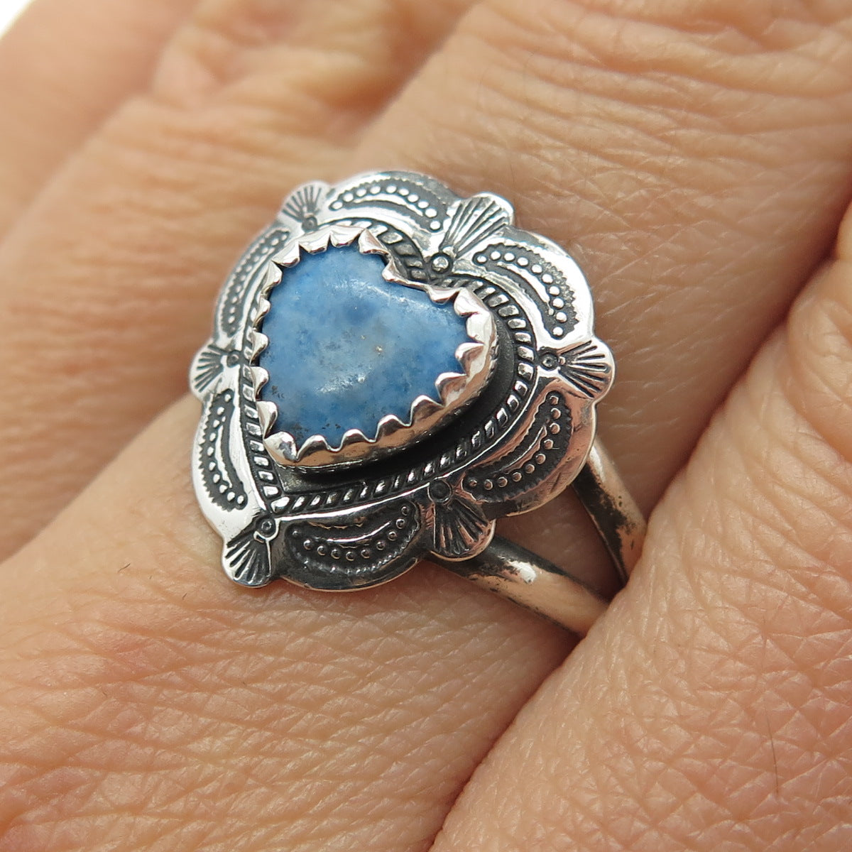 QUOC TURQUOISE 925 Sterling Silver Vintage Real Denim Lapis Heart Ring Size 8.75