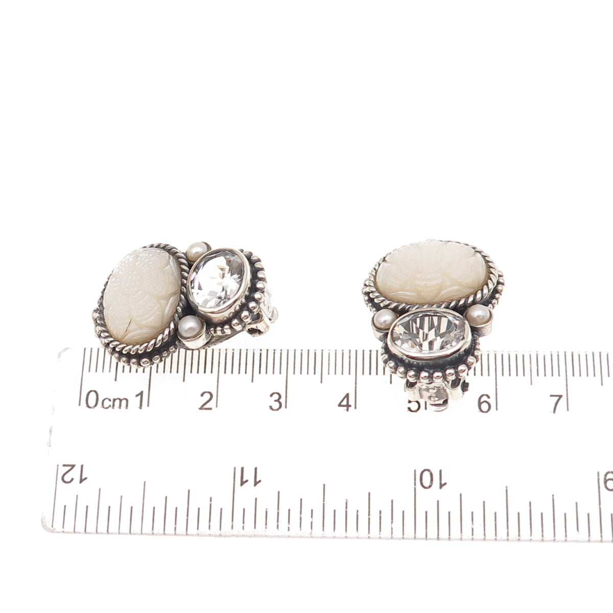 Stephen Dweck 925 Sterling Silver Vintage Real MOP Pearl Quartz Clip On Earrings