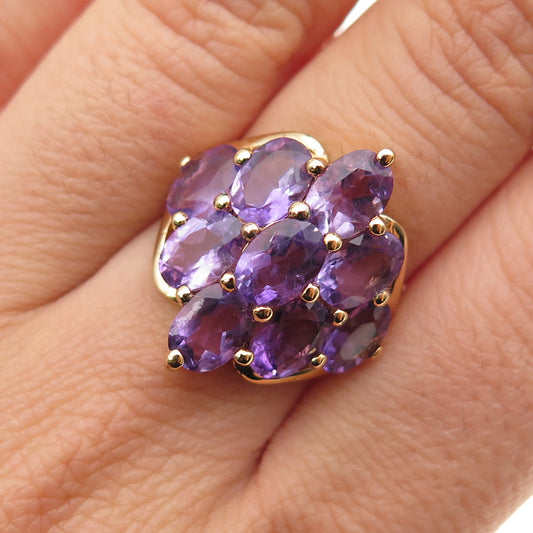 925 Sterling Silver Gold Plated Real Oval-Cut Amethyst Cluster Ring Size 7.25