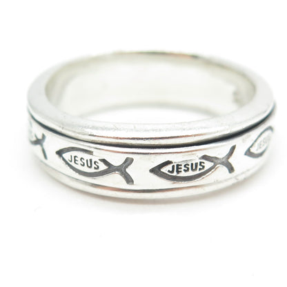 925 Sterling Silver Vintage Jesus Ichthys Religious Rotating Band Ring Size 13.5