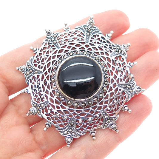 925 Sterling Silver Vintage Real Black Onyx & Marcasite Oxidized Pin Brooch