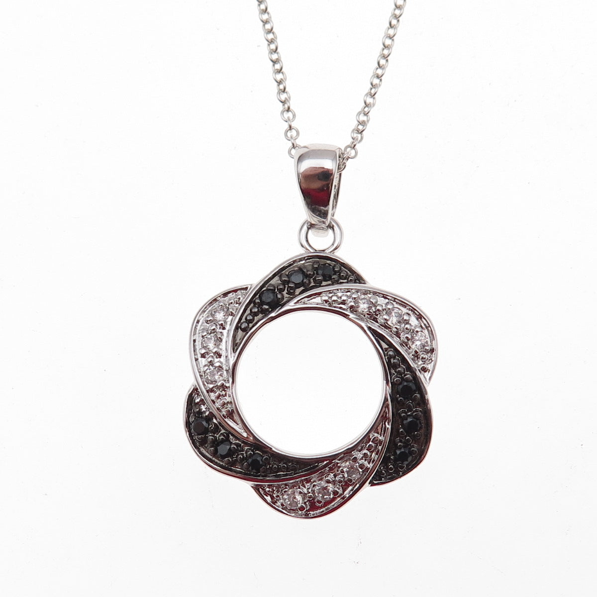 925 Sterling Silver Real Black Spinel & C Z Floral Cable Chain Necklace 18"