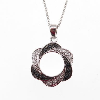 925 Sterling Silver Real Black Spinel & C Z Floral Cable Chain Necklace 18"