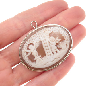 800 Silver Antique Art Deco Real MOP Carved Cherub Cameo Pin Brooch / Pendant