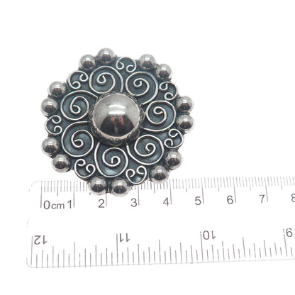 925 Sterling Silver Vintage Mexico Floral Beaded Oxidized Pin Brooch / Pendant