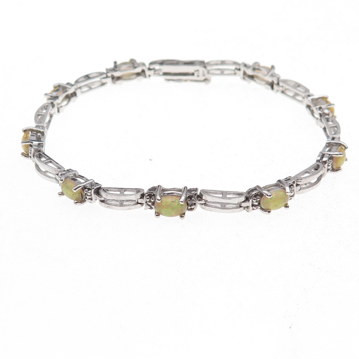 925 Sterling Silver Real Diamond Accent & Opal Bracelet 7"