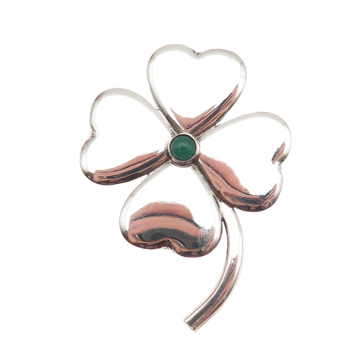 925 Sterling Silver Vintage Real Green Onyx Clover Good Luck Pin Brooch
